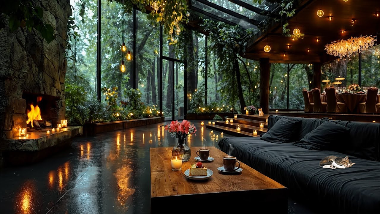 Secluded Rainforest Retreat in the Rain | Moody Jazz Soft & Fireplace for Deep Focus