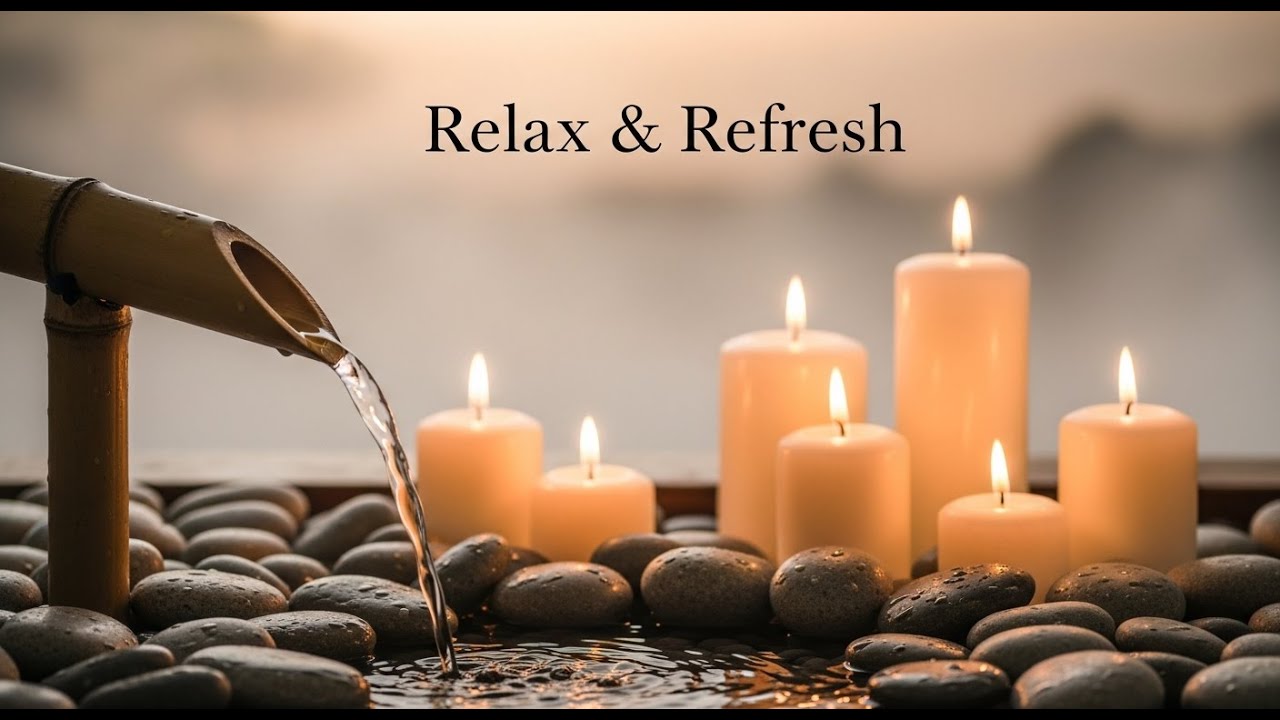 Tranquil Zen Candle Reflection Bamboo Fountain and Water Glow for Healing Meditation Sleep Calm