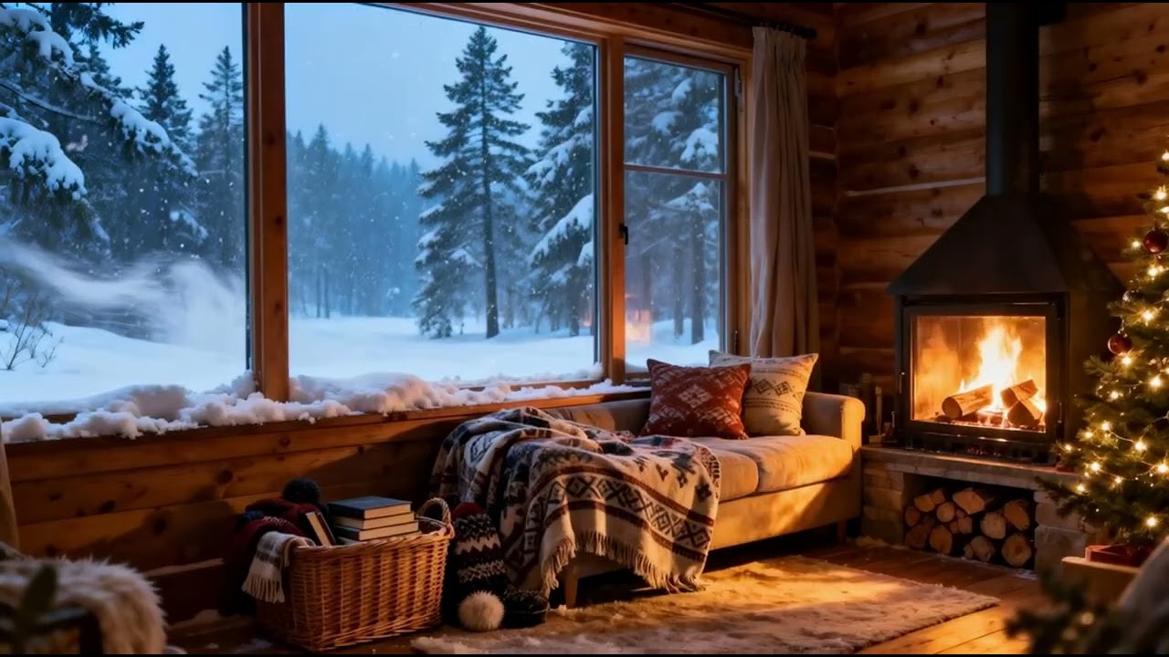 Winter Cabin Vibes: Soft Jazz, Crackling Fire & Forest Snowfall