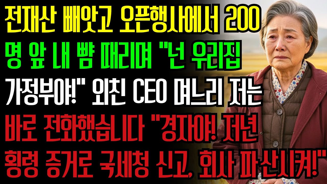 30년 교사 생활로 아들을 변호사로 키웠지만, CEO 며느리에게 집을 빼앗기고 고시원 신세가 된 한 어머니의 이야기.회사 오픈행사에서 200명 투자자 앞에서 