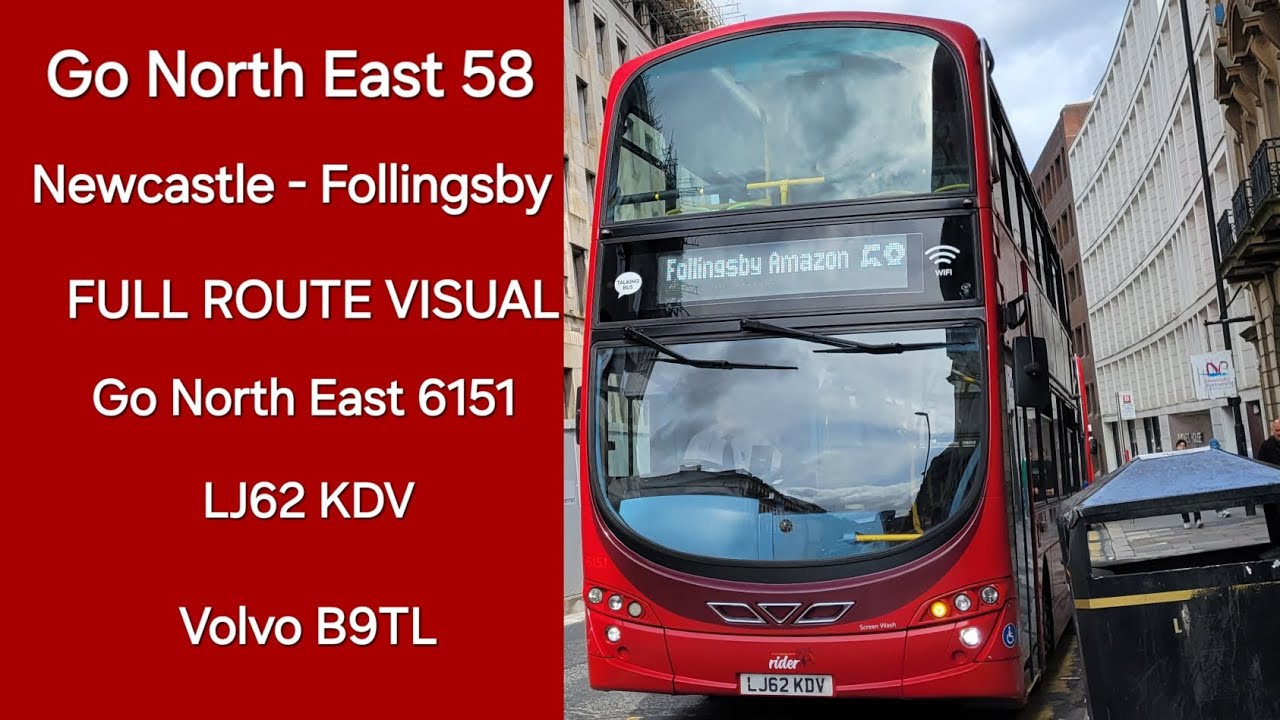 FULL ROUTE VISUAL: Go North East East Gateshead Rider 58 - Newcastle - Follingsby (6151 - LJ62 KDV)