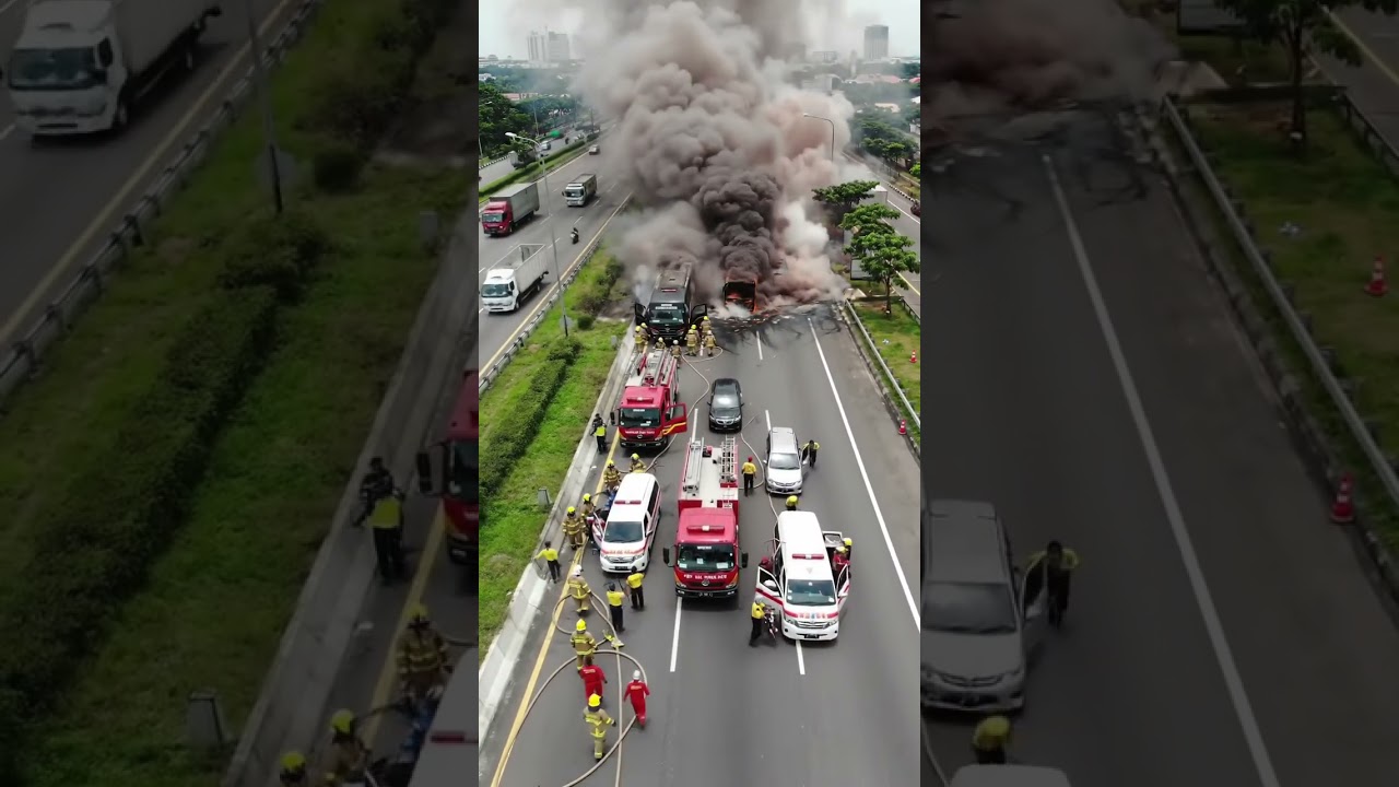 Kebakaran hebat di jalan toll sebuah bus (video buatan AI)