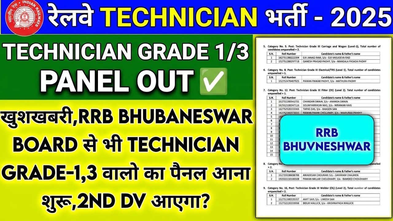 RRB Technician Grade 1, 3 Panel Released | RRB Bhubaneswar Update & 2nd DV Details!