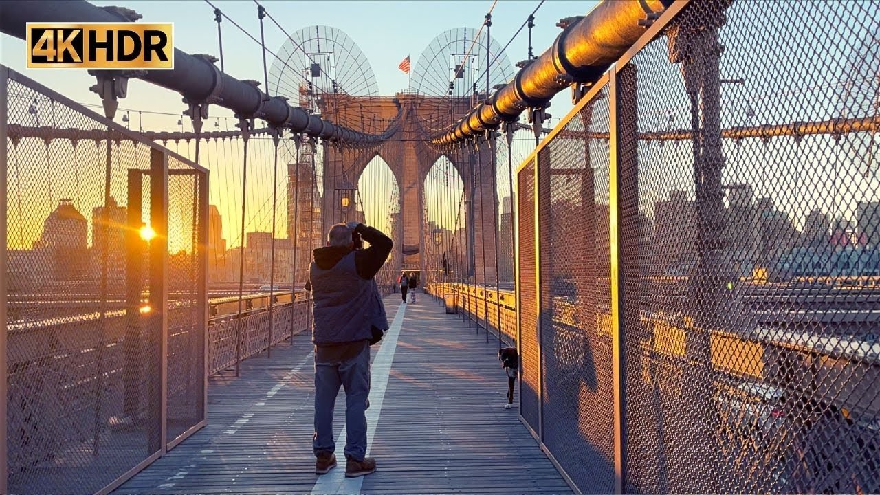 Walk Across The Brooklyn Bridge - walking across the Brooklyn Bridge - Sunrise manhattan New York 4K