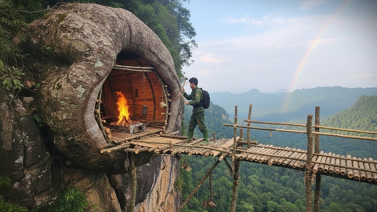 Build a warm shelter on the cliffside, Survival inside a hollow tree trunk