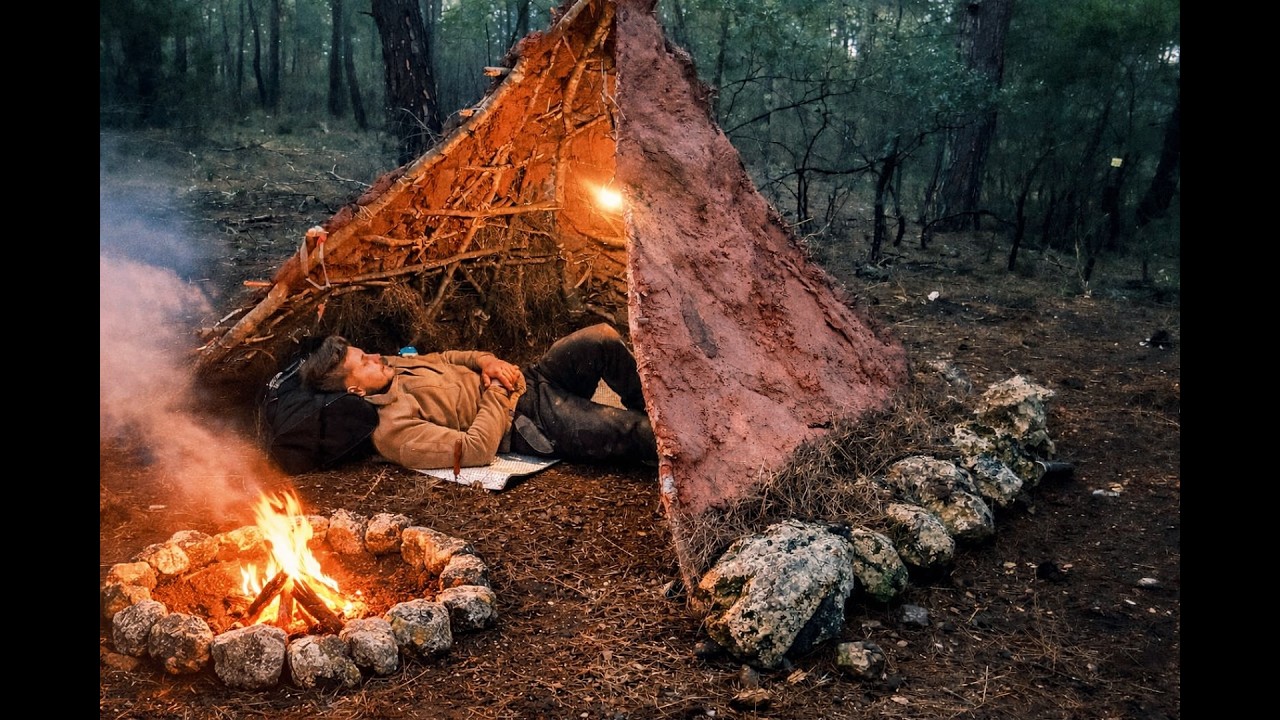 Building a Primitive Mud Shelter with Minimal Tools | 24 Hours Alone in the Forest