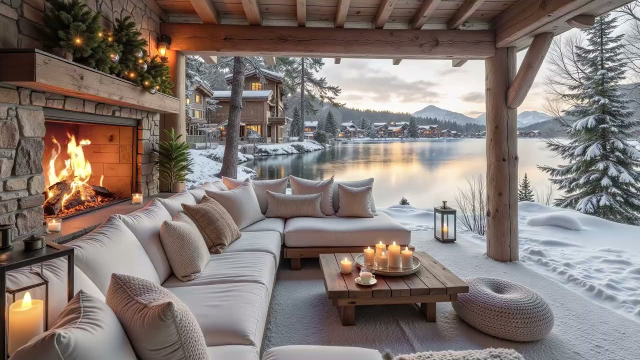 Cozy Porch Ambience by the Lake❄️ Relaxing Winter Snowfall by a Cozy Firepit on the Riverside