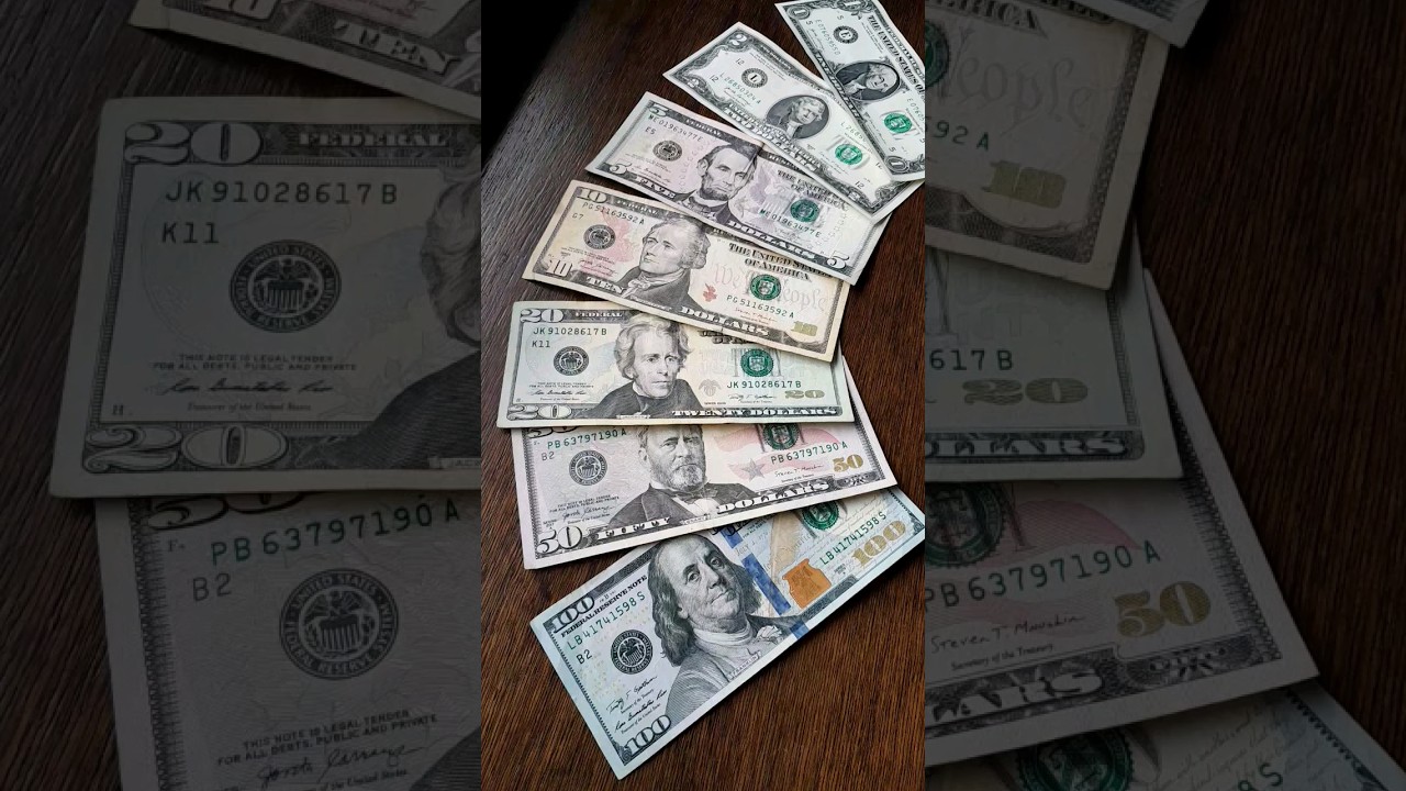 1, 2, 5, 10, 20, 50, & 100 Dollar Bills.