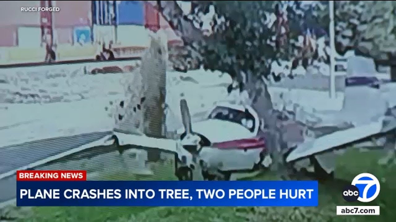 Plane shears off fire hydrant, crashes into tree in Fullerton