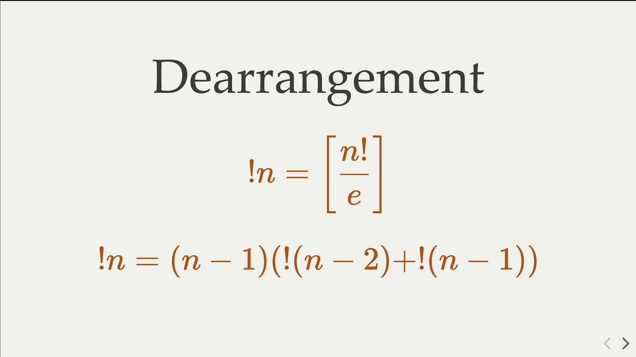 Derangement - the !n formula through recurrence, and Euler's Constant e comes in