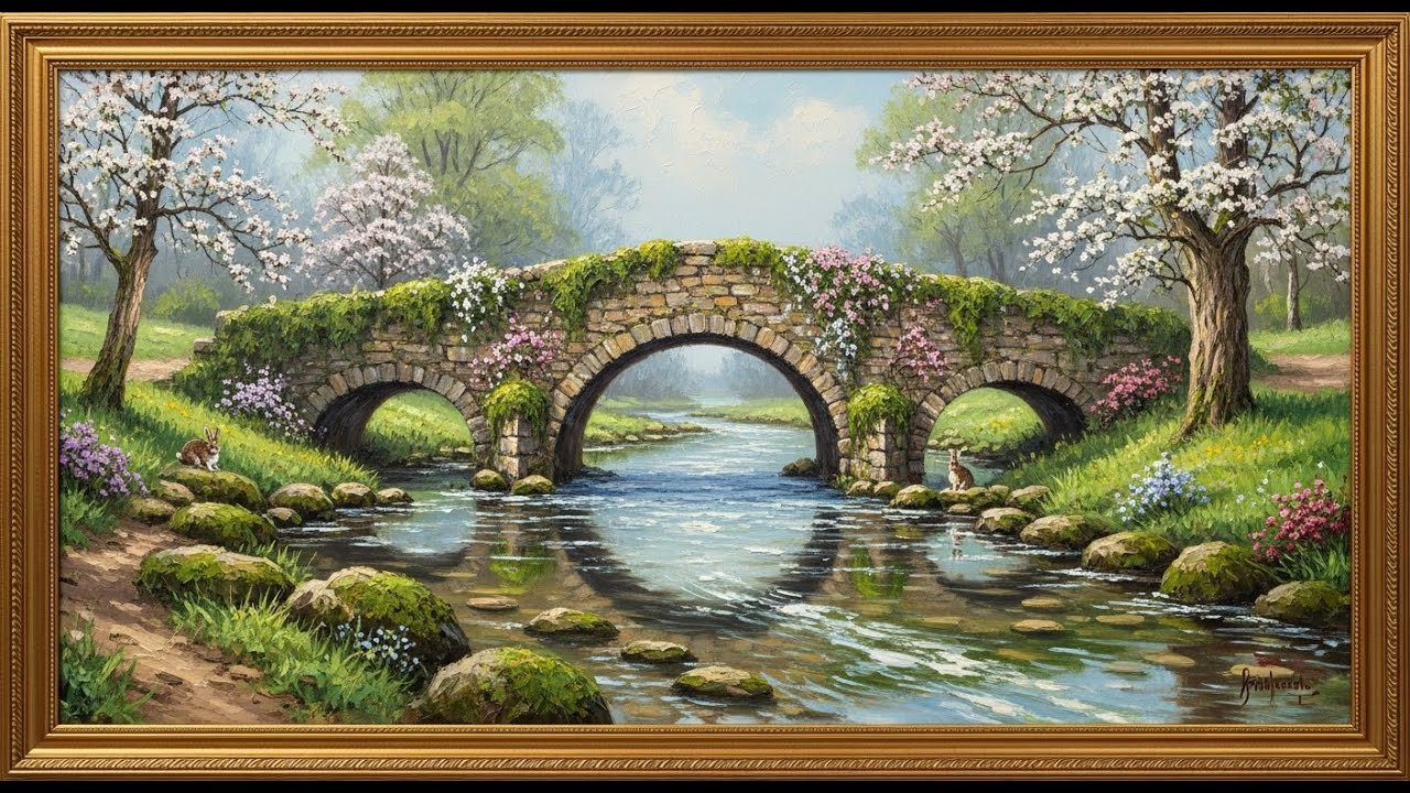 Frame TV Art with Music: Spring Stone Bridge & Rabbits | Samsung Frame TV Art | 4K Impasto Landscape