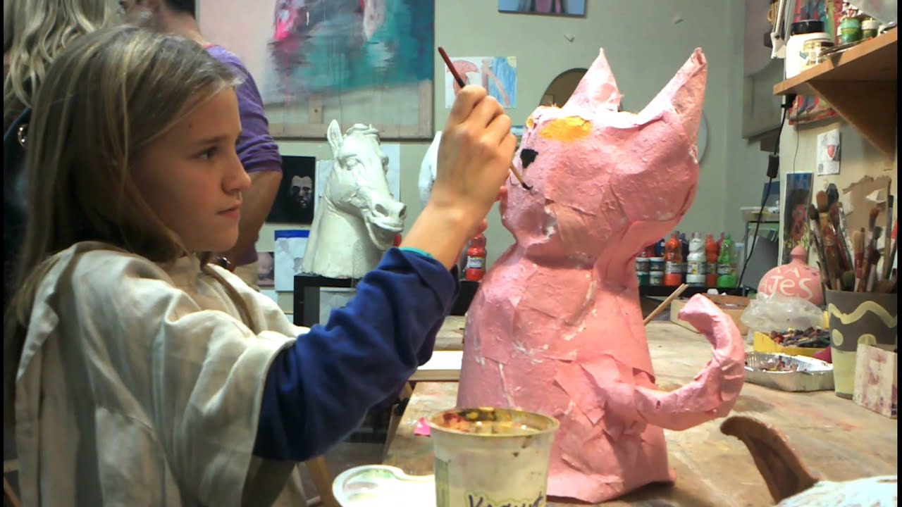 ME CFS Antonia & Milena took an art class in Florence she is making a paper cat lamp & painting