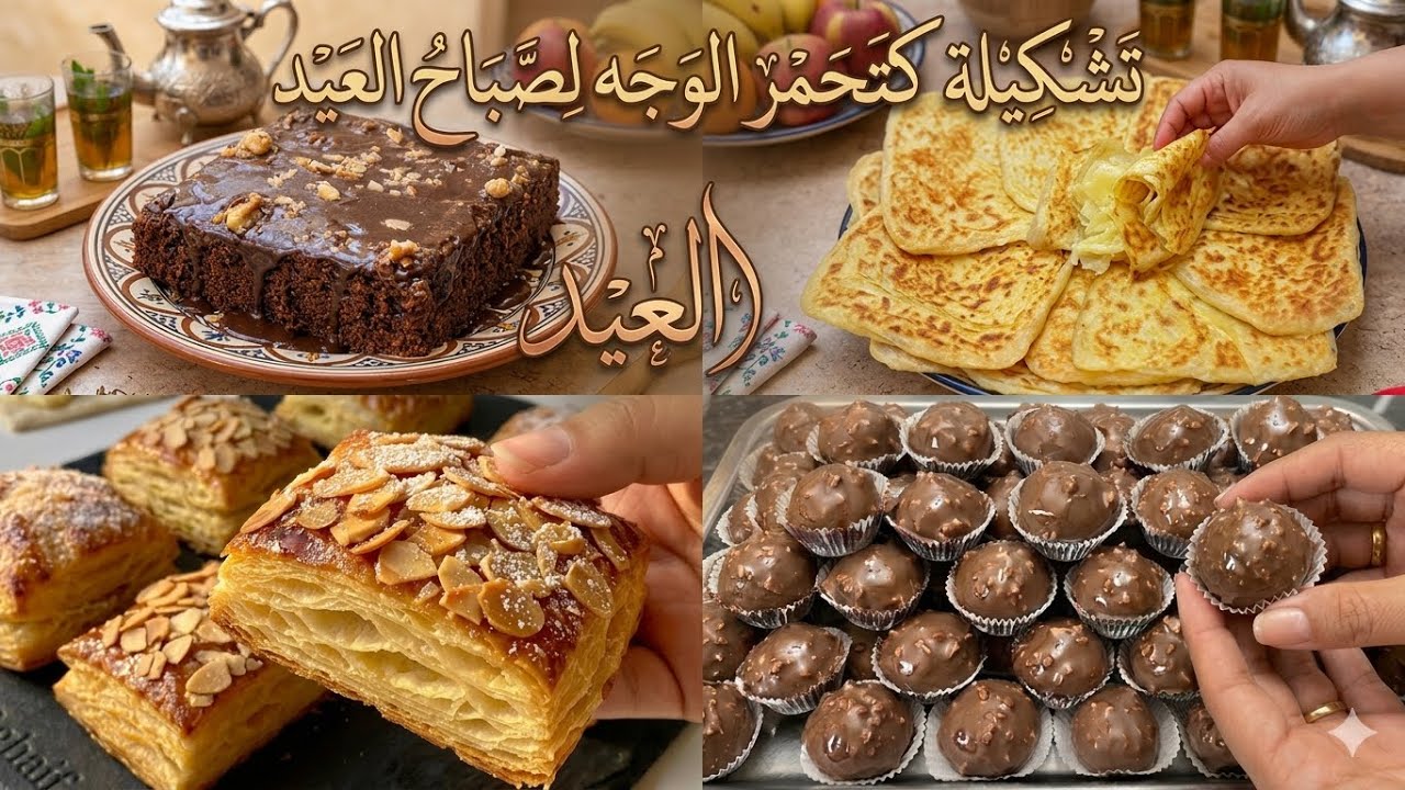 تشكيلة شهيوات كتحمر الوجه لصباح العيد🌙رغايف مقرمشين حلوة بدون فرن كيكة شوكولاتة المسمن سهل وسريع!