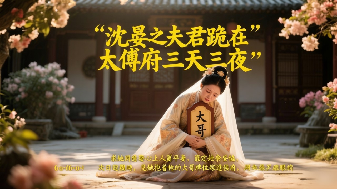 沈晏之夫君跪在太傅府三天三夜，求她同意娶心上人爲平妻，篤定她會妥協，次日迎親時，見她抱着他大哥牌位嫁進侯府，當場傻眼#爽文 #有声小说 #情感 #古风