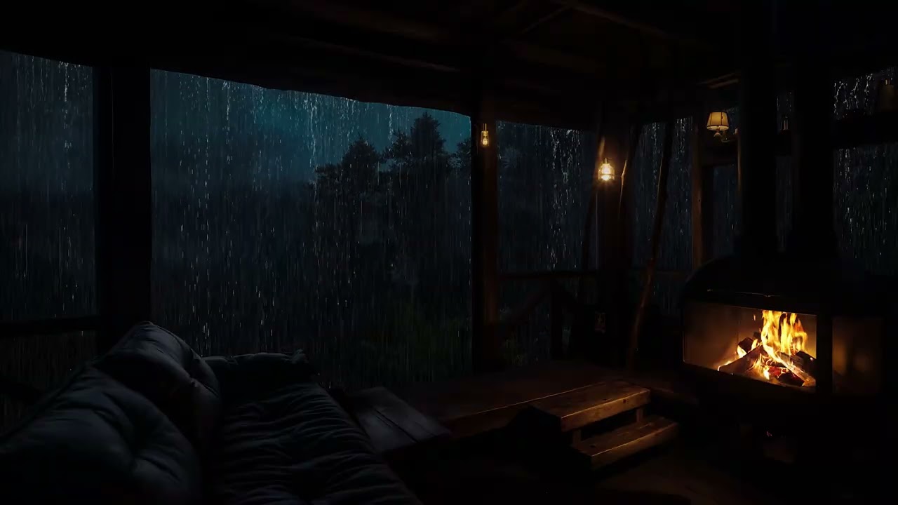 Cabin Night with Soft Rain and Fireplace Sounds for Relaxation and Beat Insomnia