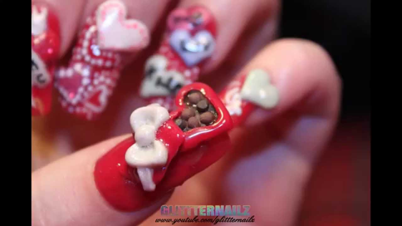 Valentine's Acrylic Nail Tutorial #2 - 3D Candy Box & Hearts