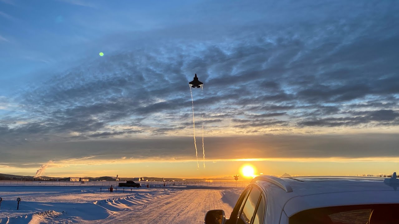 F-16 and F-35 jets taking off at Eielson AFB, AK