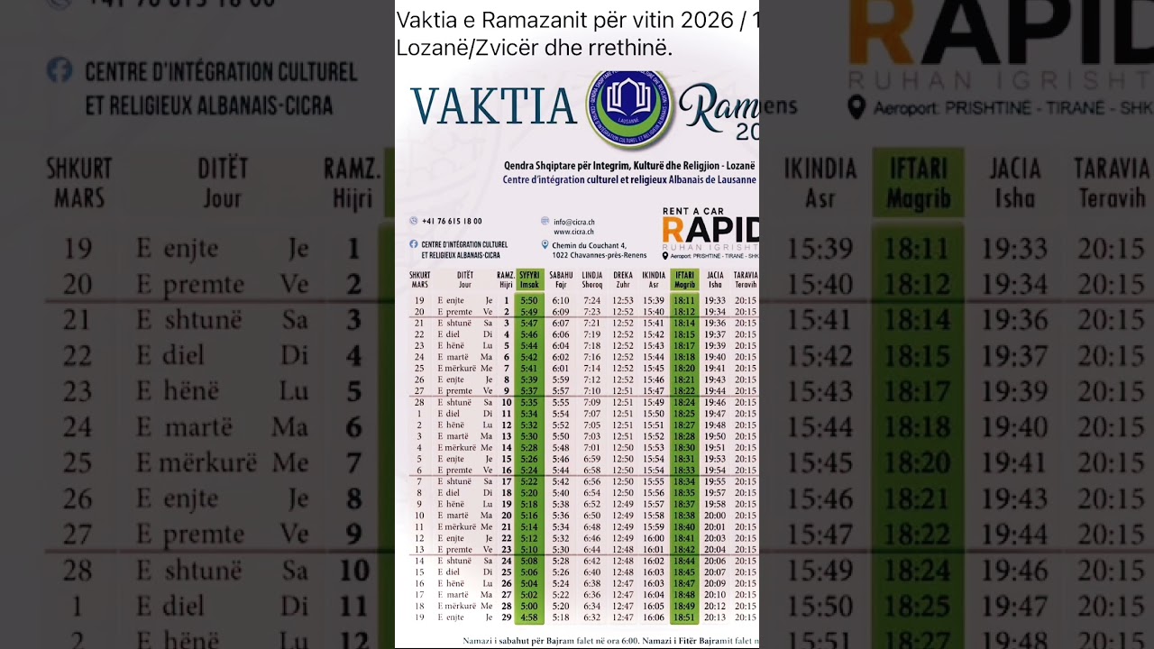 Vaktia e Ramazanit per vitin 2026 / 1447 p&euml;r Lozan&euml; /Zvicer dhe rrethine. #ramadan #ramazan #allah