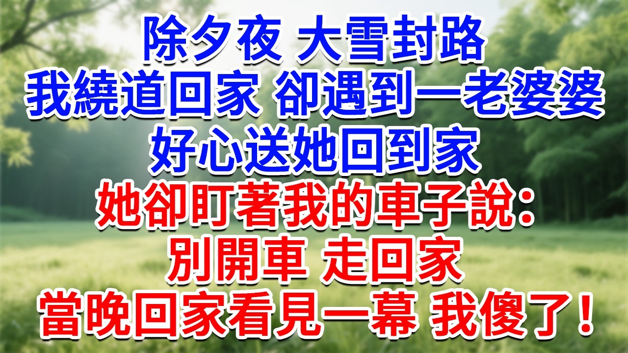 除夕夜 大雪封路，我繞道回家 卻遇到一老婆婆，好心送她回到家，她卻盯著我的車子說：別開車 走回家！當晚回家看見一幕 我傻了！#為人處世#生活經驗#情感故事#故事#小說#戀愛#情感#婚姻