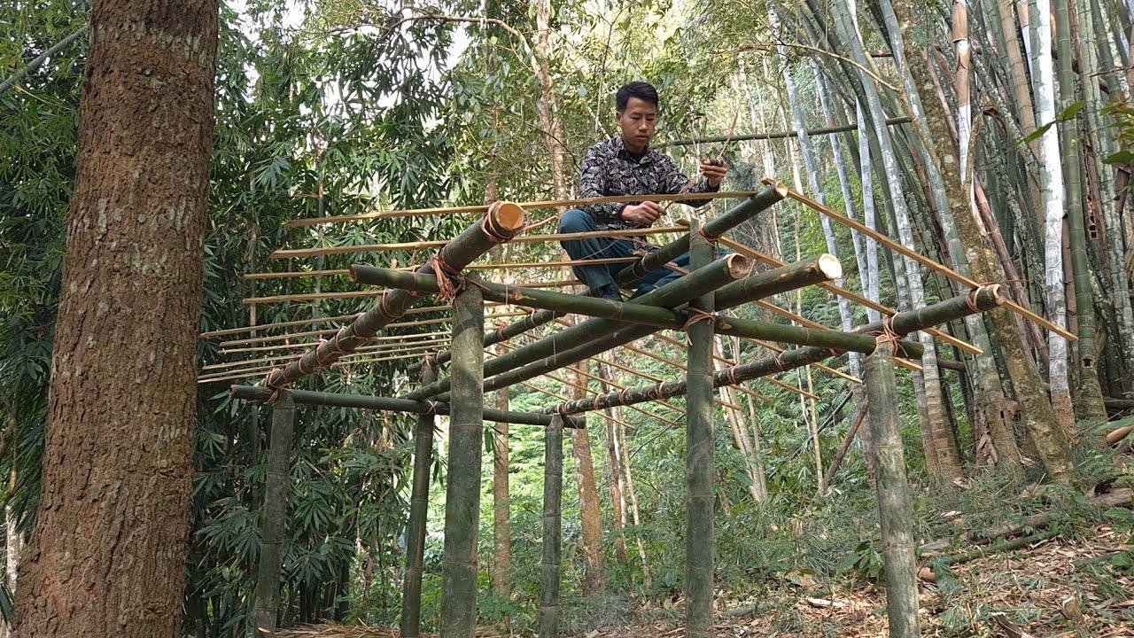 Building the First Frame of My Bamboo House | Primitive Forest Living