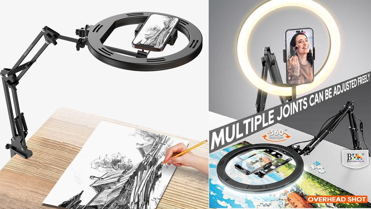 BROLAVIYA No Shadow Overhead Video Mobile Stand with Extra Long Metal Arm,10inch Selfie Ring Light