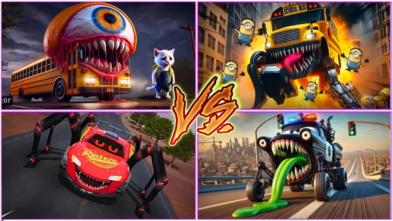 School Bus Monster🆚Funny Minions🆚MCqueen Spider🆚Infected Police car🎶 Tiles hop EDM Rush 🎶