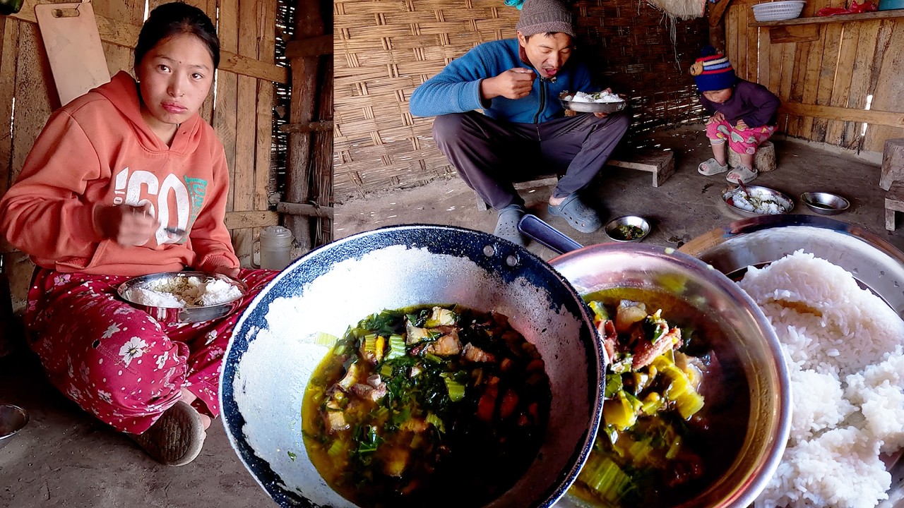manjita cooks pork mustard mix soup curry & rice for lunch for her family || rural Nepal ||