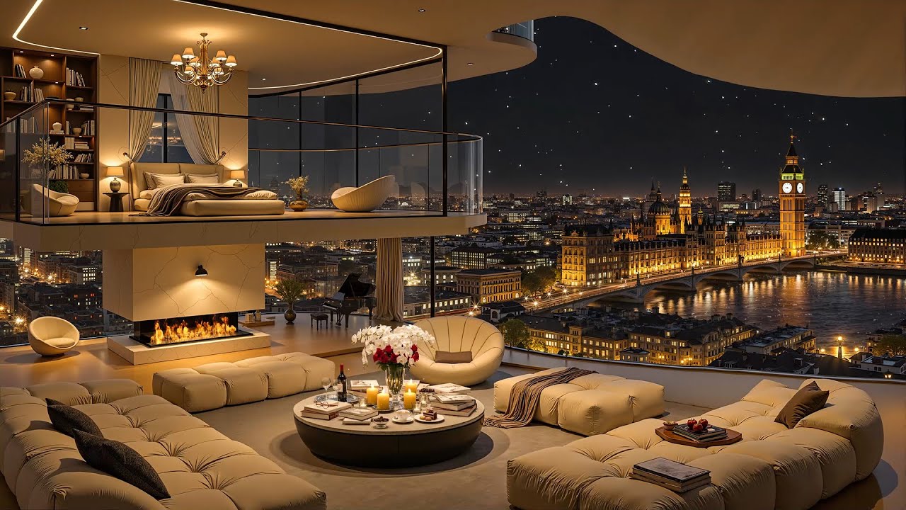 Cozy Night in London Apartment Ambience with Elegant Jazz 🌃 Soft Jazz Music & Fireplace for Relax