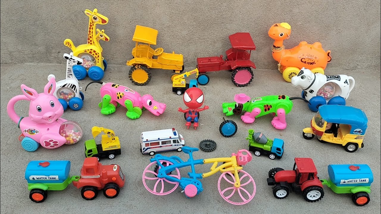 Hen cng auto rickshaw jcb giraffe dinosaur mini tractor ambulance 🚑 spider man toys video 