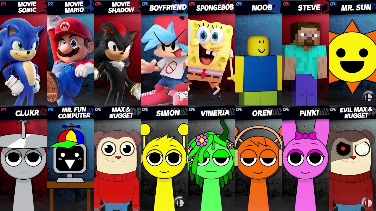 Sonic vs Mario vs SpongeBob vs Friday Night Funkin vs Steve | Evil Max in Super Smash Bros Ultimate
