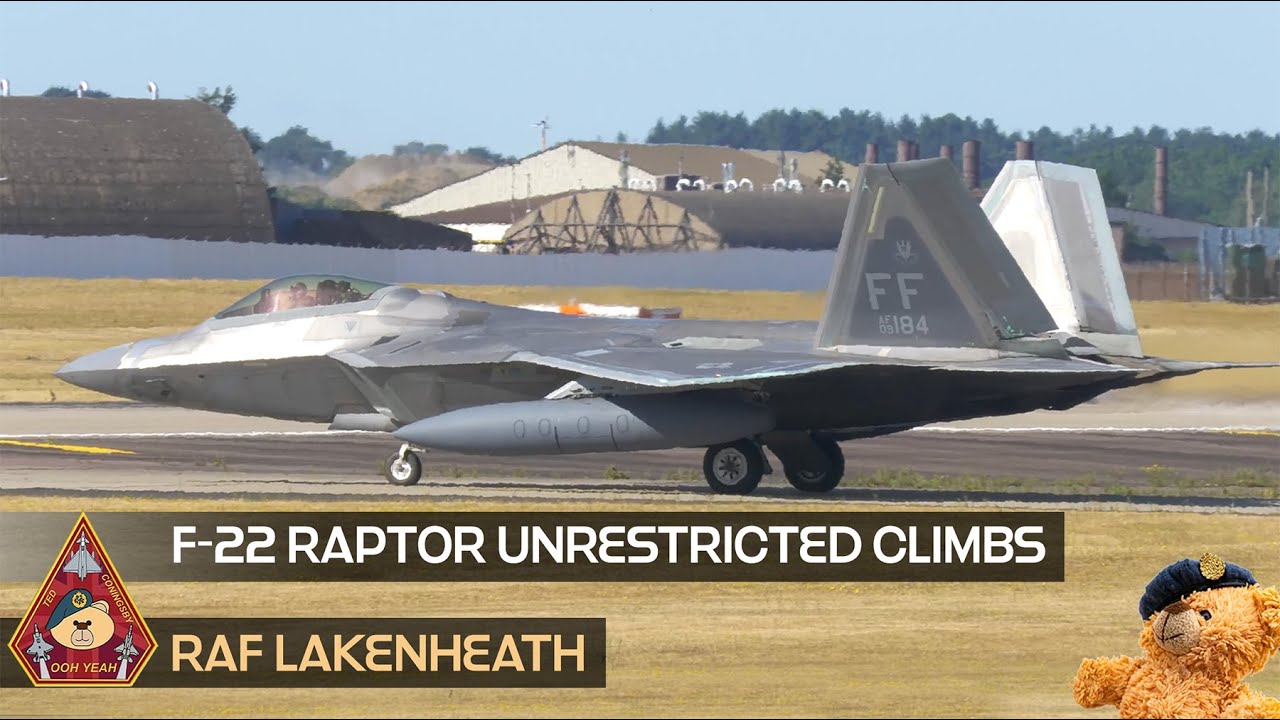 THREE F-22 RAPTOR UNRESTRICTED CLIMBS ONE TAKE OFF KEEPS IT 