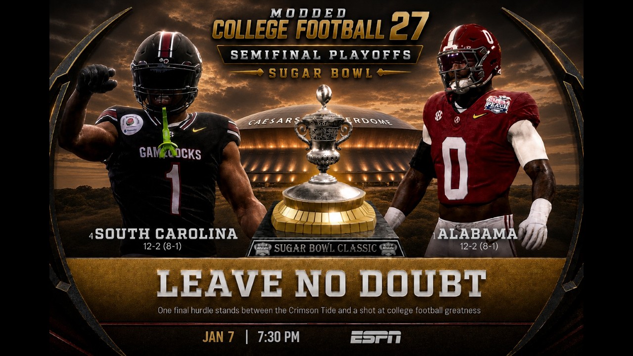 Мод для College Football 27, CPU против CPU: тестовый геймплей, Polish Mod 1.1, SC против Bama, S...