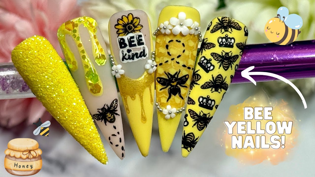 YELLOW BEE INSPIRED NAIL ART DESIGN TUTORIAL| DIFFERENT NAIL STAMPING TECHNIQUES| DRIP NAILS