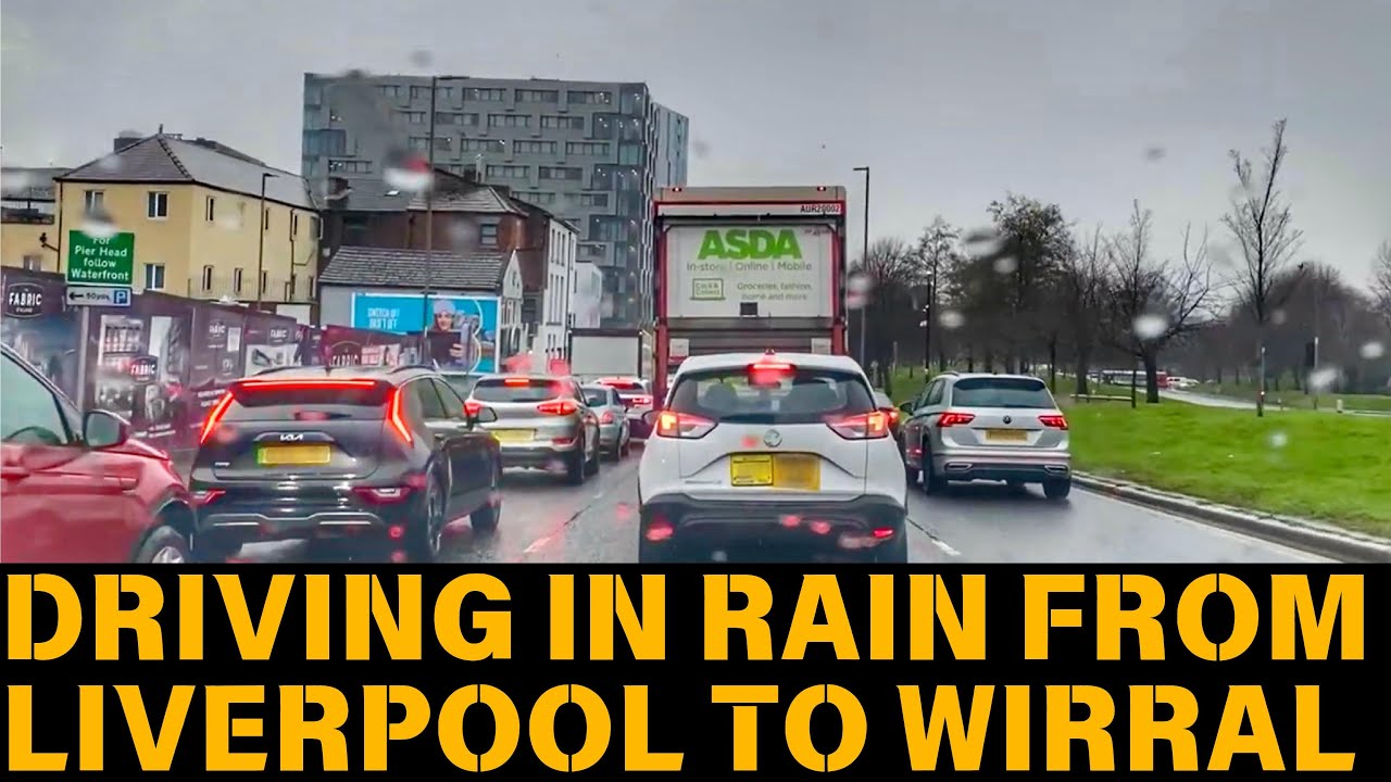 Driving in UK from Liverpool to Wirral, Merseyside on a beautiful rainy day