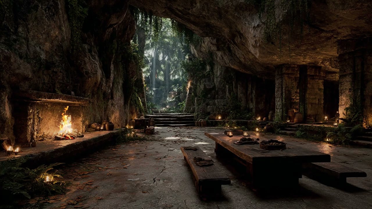 Relentless Heavy Rain and Thunder Echoing Through a Mysterious Jungle Cave at Night