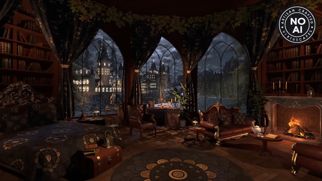 Stormy Hogwarts Library & Study | Night Ambience | Cozy Fireplace, Rain & Thunder Sounds