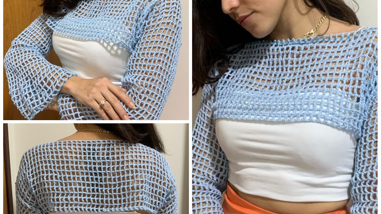 Bolero ou Top/cropped com manga de crochê Jamily
