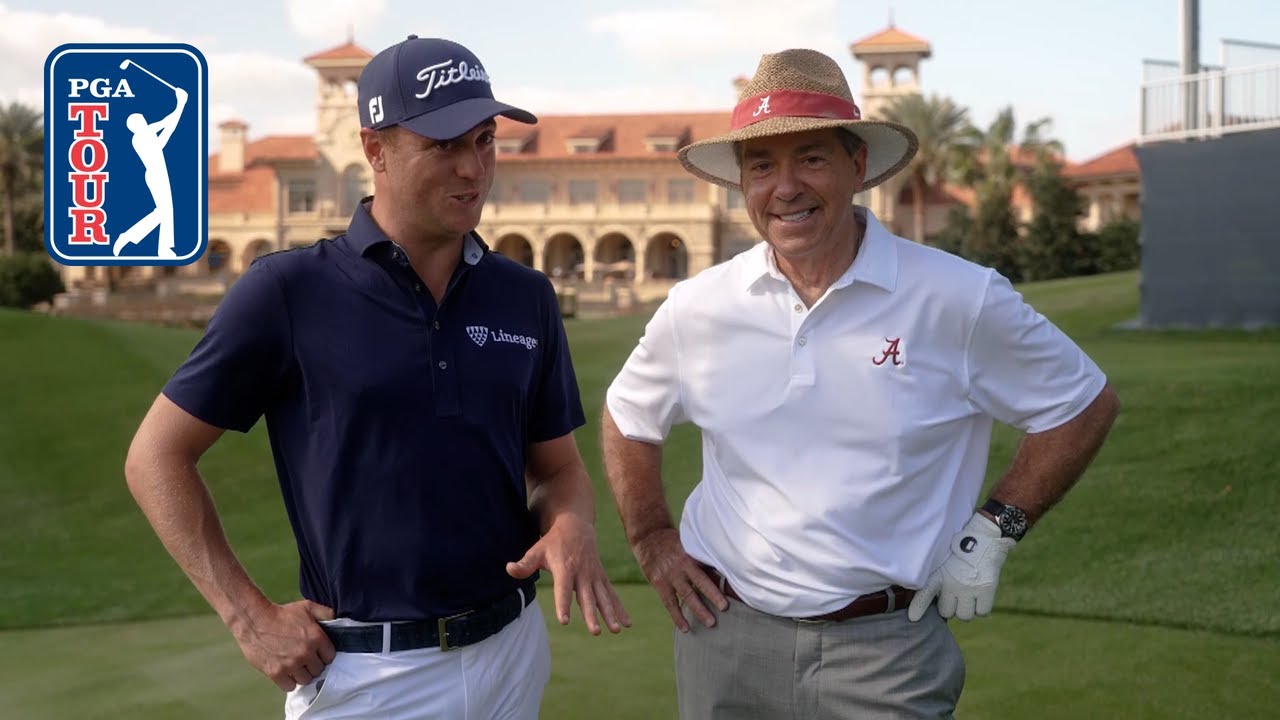Justin Thomas and Nick Saban play a round of golf at TPC Sawgrass