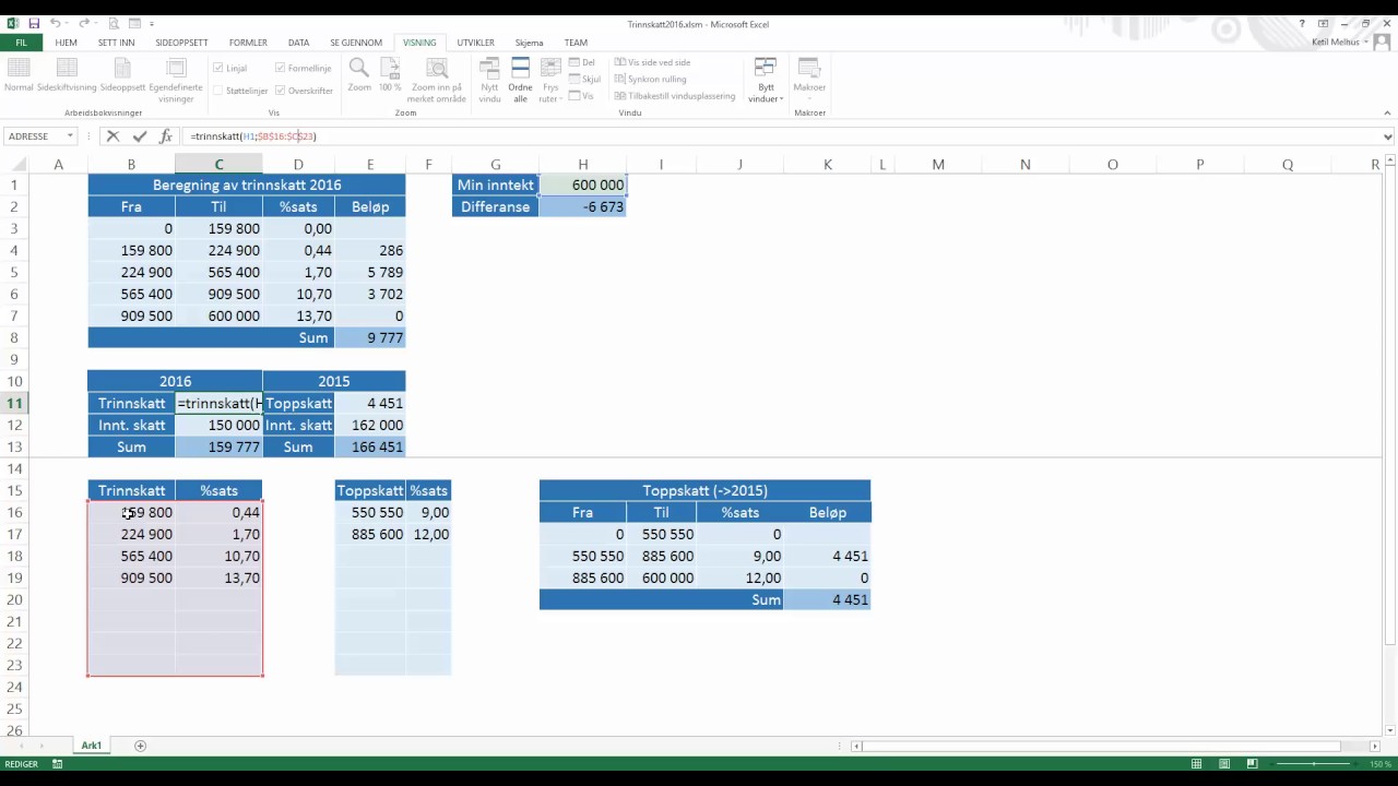 Excel på norsk: Beregne trinnskatt med funksjonen Trinnskatt()