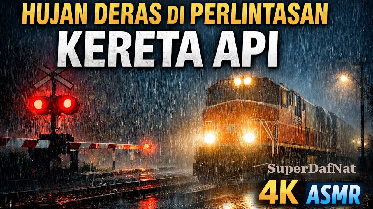 Hujan Deras di Perlintasan Kereta Api | Train Crossing Heavy Rain Ambience 4K ASMR