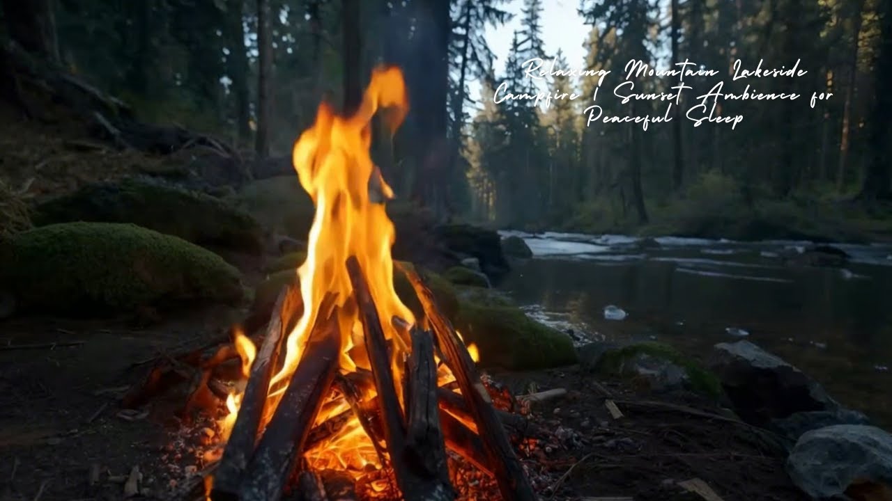 Relaxing Mountain Lakeside Campfire | Sunset Ambience for Peaceful Sleep