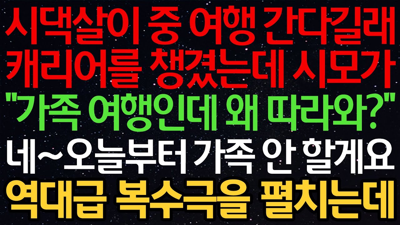 실화사연-시댁살이 중 여행 간다길래 캐리어를 챙겼는데 시모가 “가족 여행인데 왜 따라와?” 네~오늘부터 가족 안 할게요 역대급 복수극을 펼치는데