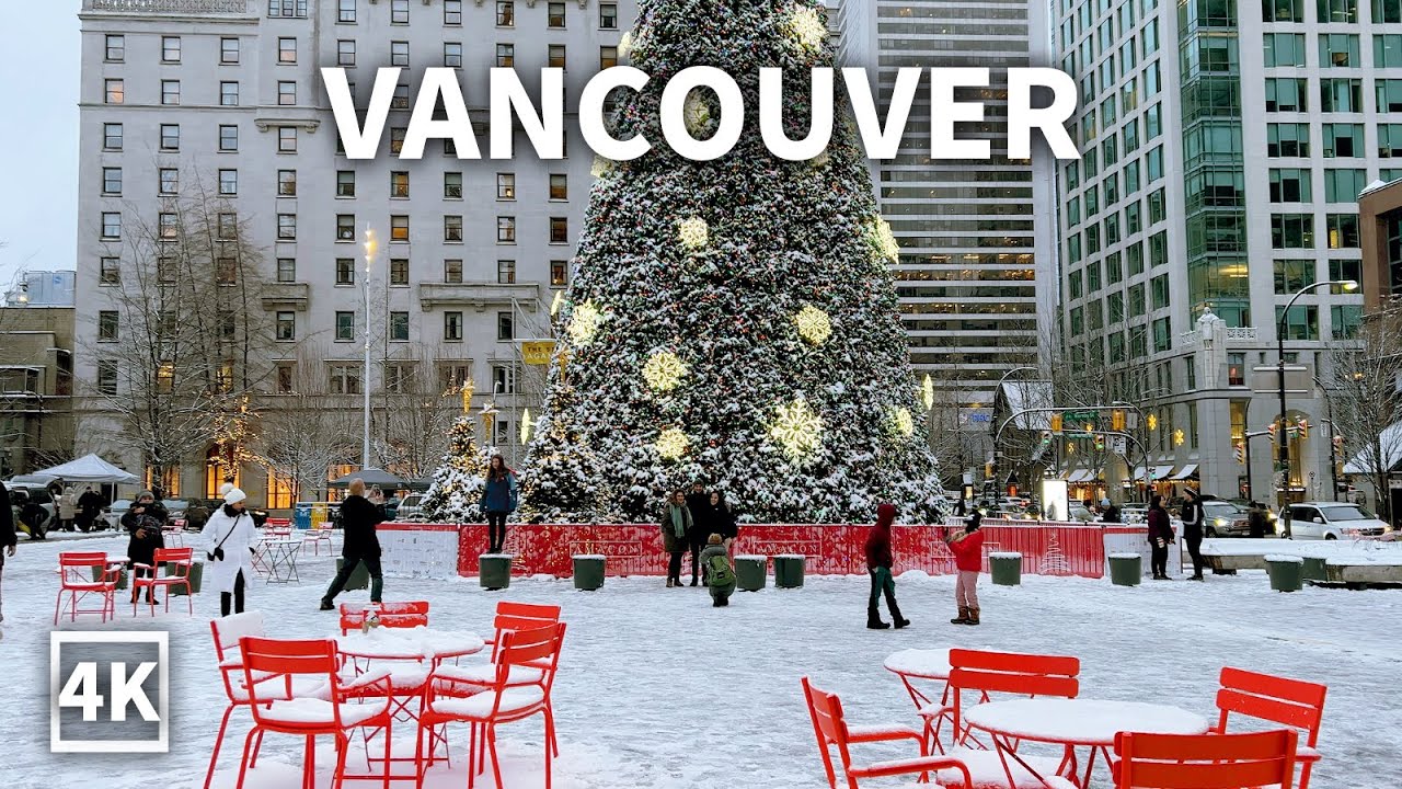 【4K】Snowy Walk in Downtown Vancouver | White Christmas | Canada (Relaxing Sounds Of Snowfall)