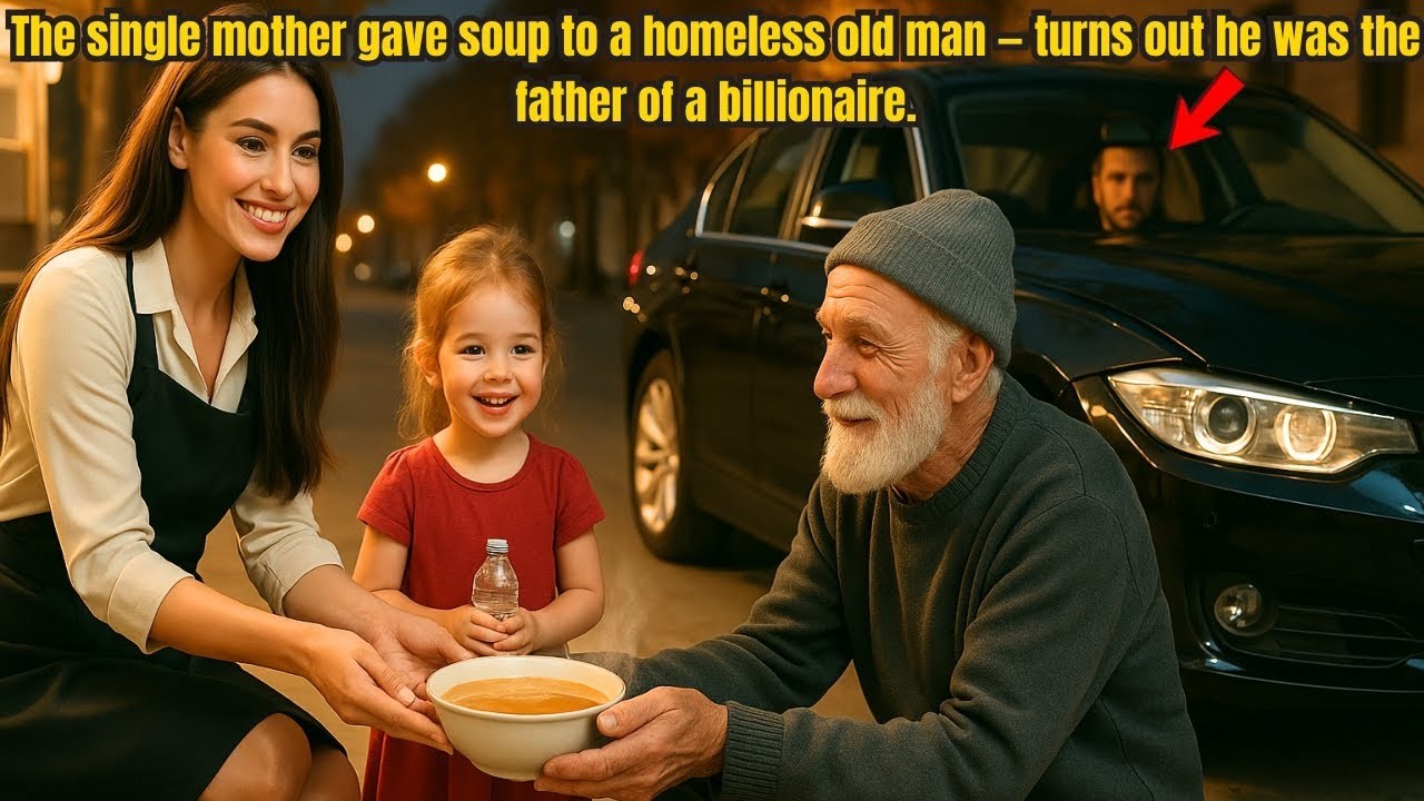 A single mother helps a homeless old man–turns out he is the father of a billionaire! Touched by her