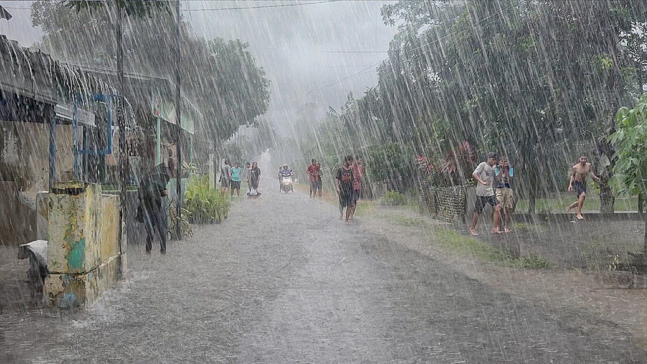 the biggest rainstorm in history in the village, heavy rain strong winds & lightning, flooded roads