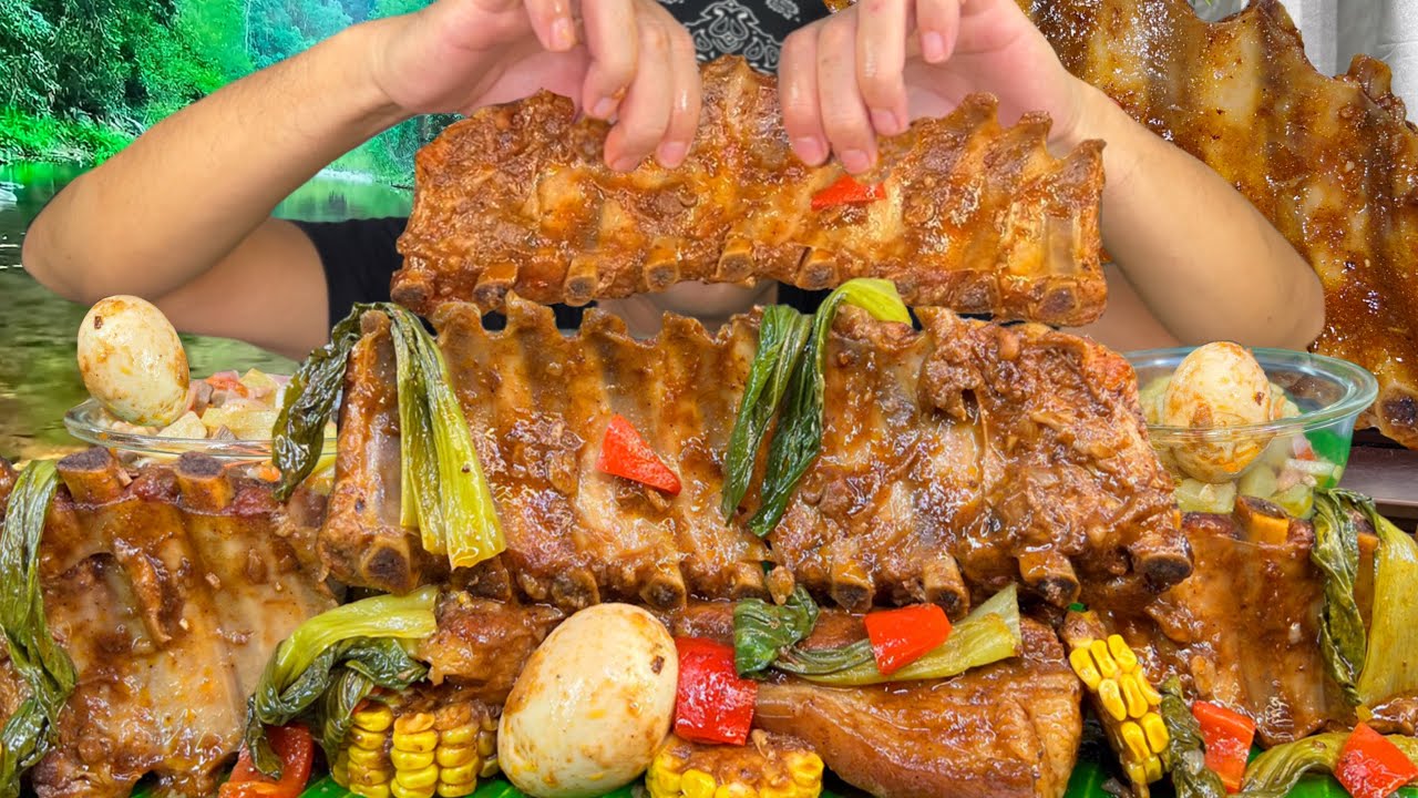 BRAISED PORK BABY BACK RIBS With EGG, BOK CHOY, CORN and GINISANG SAYOTE RICE MUKBANG PINOY MUKBANG