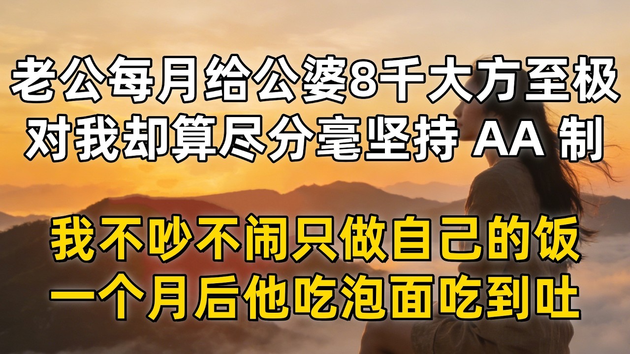 老公每月给公婆 8 千大方至极，对我却算尽分毫坚持 AA 制，我不吵不闹只做自己的饭，一个月后他吃泡面吃到吐