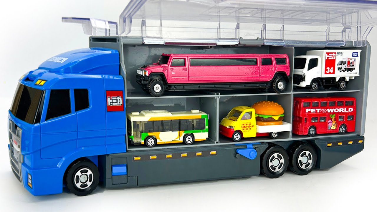 トミカがいっぱい☆救急車・バス・トラックのミニカーを開封してコンボイに収納します！Tomica Mini Cars ☆ Bus & Trucks Unboxing into the Convoy