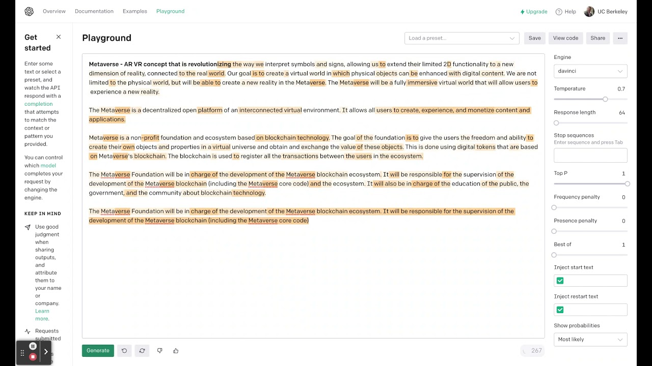 Playground - OpenAI API - Metaverse