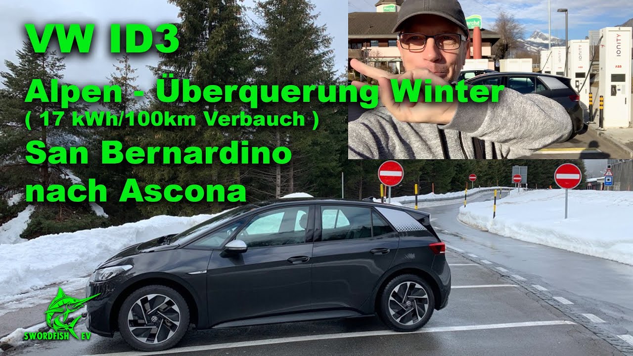VW ID3 Alpen - Überquerung Winter San Bernardino Route nach Ascona ohne Wärmepumpe.